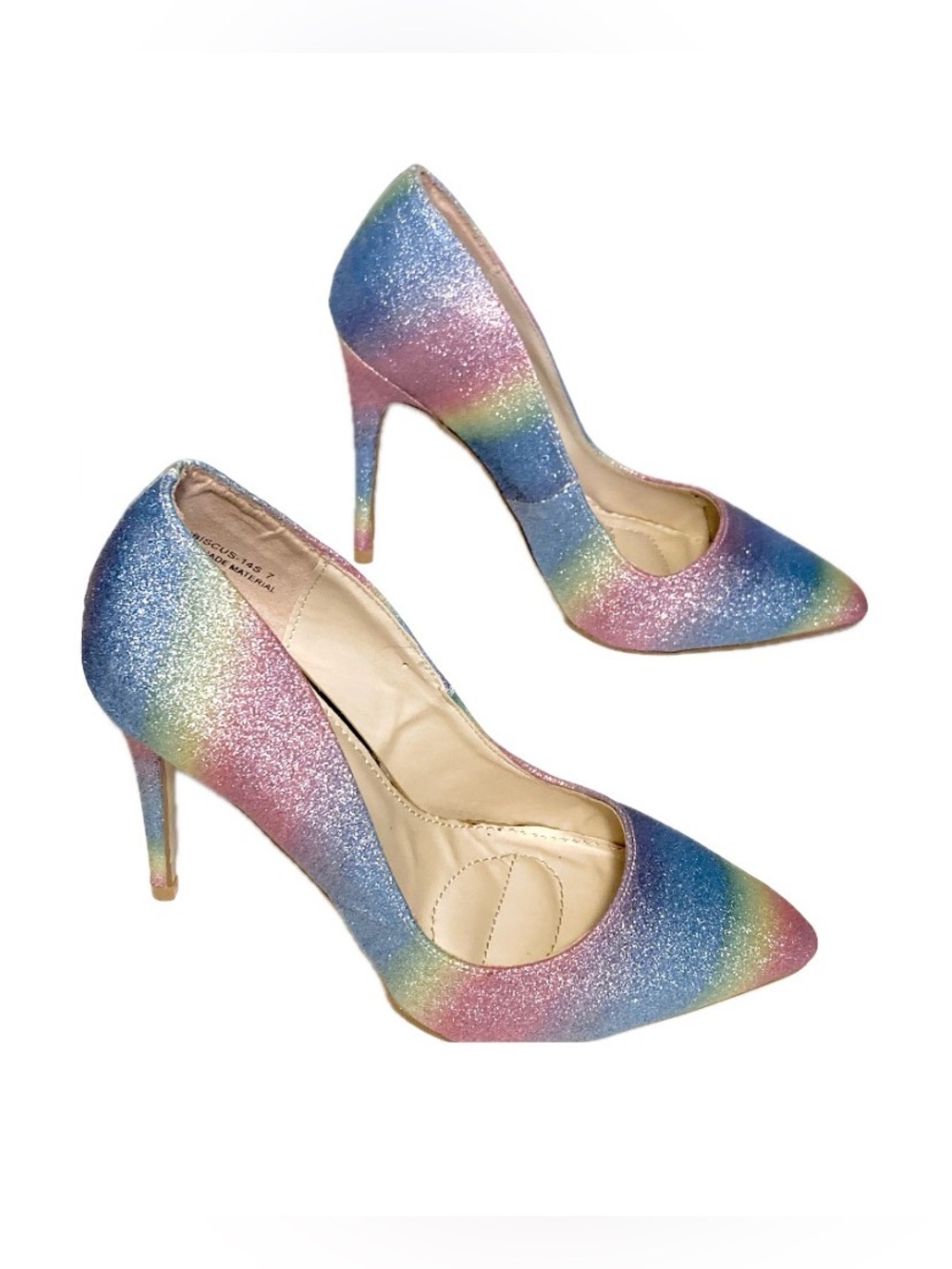 Anne Michelle Glitter Pumps Rainbow Heels Pointed Toe HIBISCUS Stilletos sz 7